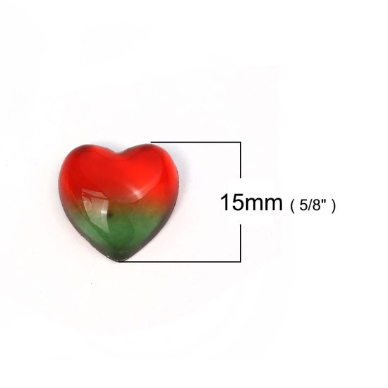 ガラス ドームシール カボション ハート フラット レッド + 緑 15mm x 15mm、 5 個 の画像