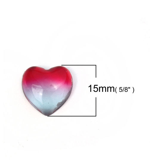 ガラス ドームシール カボション ハート フラット 青+紅梅色 15mm x 15mm、 5 個 の画像