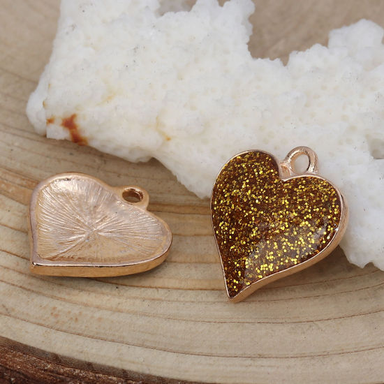 Picture of Zinc Based Alloy Charms Heart Gold Plated Golden Glitter 17mm( 5/8") x 16mm( 5/8"), 10 PCs