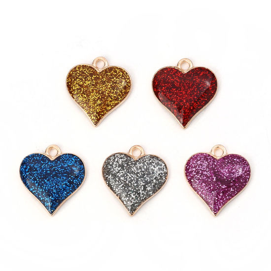 Picture of Zinc Based Alloy Charms Heart Gold Plated Golden Glitter 17mm( 5/8") x 16mm( 5/8"), 10 PCs