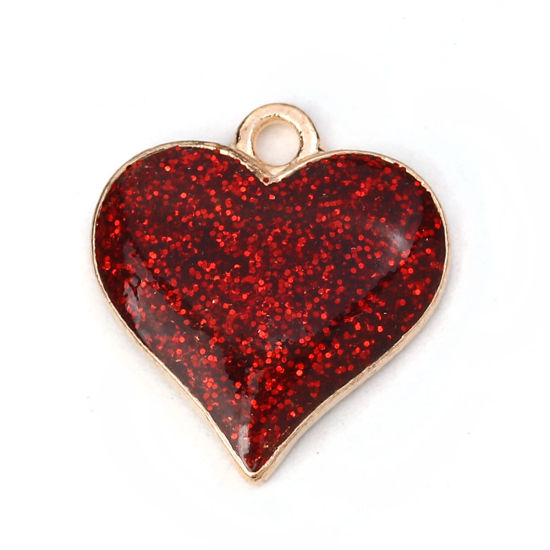 Picture of Zinc Based Alloy Charms Heart Gold Plated Red Glitter 17mm( 5/8") x 16mm( 5/8"), 10 PCs