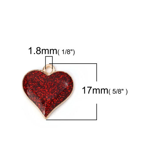 Picture of Zinc Based Alloy Charms Heart Gold Plated Red Glitter 17mm( 5/8") x 16mm( 5/8"), 10 PCs