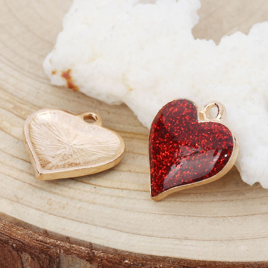 Picture of Zinc Based Alloy Charms Heart Gold Plated Red Glitter 17mm( 5/8") x 16mm( 5/8"), 10 PCs