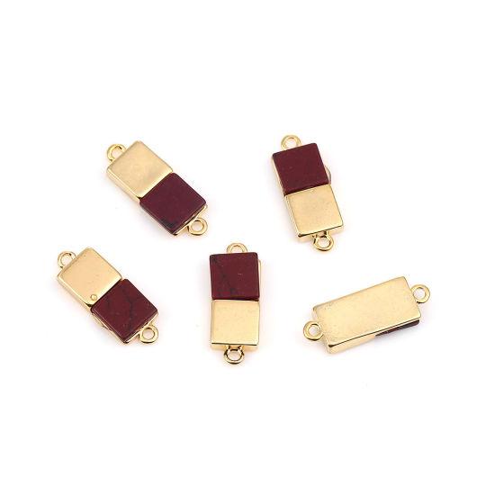 Imagen de Latón & Resina Conectores Rectángulo 18k Chapado en Oro Color de Vino Tinto Efecto Mármol 19mm x 7mm, 2 Unidades