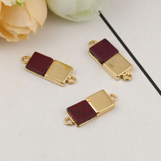 Imagen de Latón & Resina Conectores Rectángulo 18k Chapado en Oro Color de Vino Tinto Efecto Mármol 19mm x 7mm, 2 Unidades