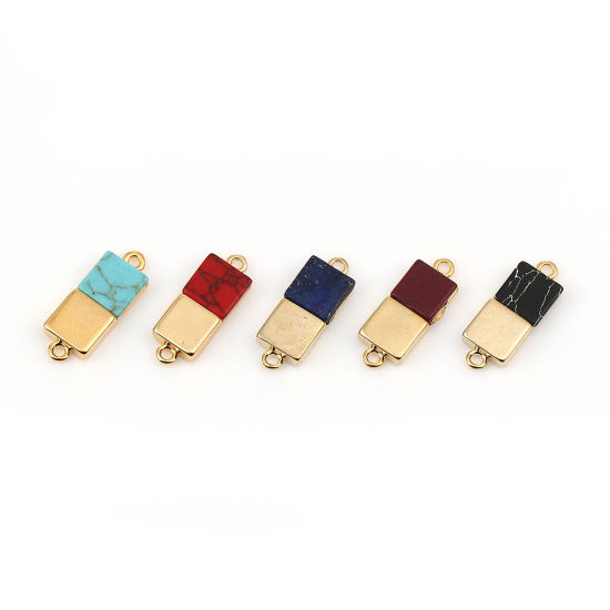 Imagen de Latón & Resina Conectores Rectángulo 18k Chapado en Oro Color de Vino Tinto Efecto Mármol 19mm x 7mm, 2 Unidades