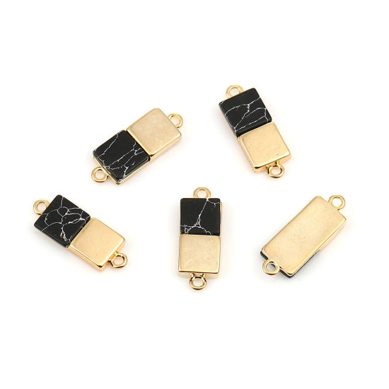 Imagen de Latón & Resina Conectores Rectángulo 18k Chapado en Oro Negro Efecto Mármol 19mm x 7mm, 2 Unidades