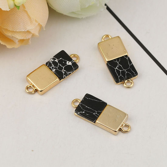 Imagen de Latón & Resina Conectores Rectángulo 18k Chapado en Oro Negro Efecto Mármol 19mm x 7mm, 2 Unidades