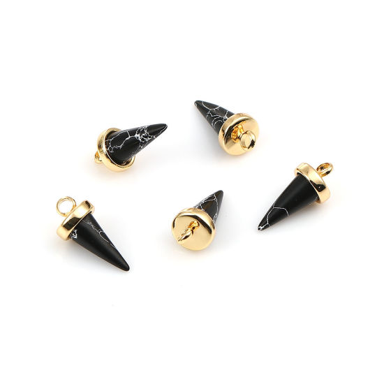 Imagen de Latón & Resina Colgantes Charms Afilar 18k Chapado en Oro Negro Efecto Mármol 14mm x 7mm, 2 Unidades