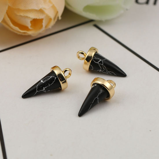 Imagen de Latón & Resina Colgantes Charms Afilar 18k Chapado en Oro Negro Efecto Mármol 14mm x 7mm, 2 Unidades