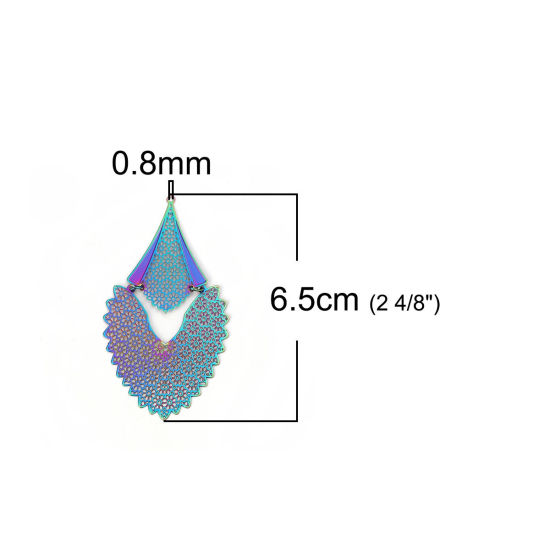 真鍮 彩色上絵 ペンダント 多色 羽 花 透かしパーツ 65mm x 35mm、 2 ペア の画像