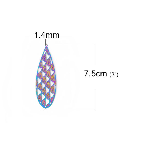 真鍮 彩色上絵 ペンダント 多色 羽 しずく 透かしパーツ 75mm x 23mm、 2 ペア の画像