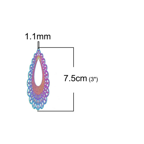 真鍮 彩色上絵 ペンダント 多色 羽 透かしパーツ 75mm x 26mm、 2 ペア の画像