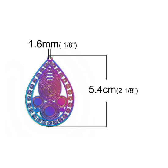 真鍮 彩色上絵 ペンダント 多色 滴 ドロップ サークル 透かしパーツ 54mm x 37mm、 2 ペア の画像