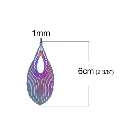 真鍮 彩色上絵 ペンダント 多色 羽 透かしパーツ 60mm x 25mm、 2 ペア の画像