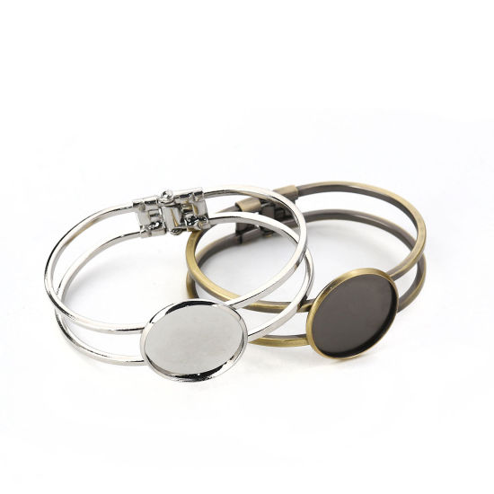 Picture of Brass Bangles Bracelets Round Antique Bronze Cabochon Settings (Fits 25mm Dia.) Can Open 20cm(7 7/8") long, 1 Piece