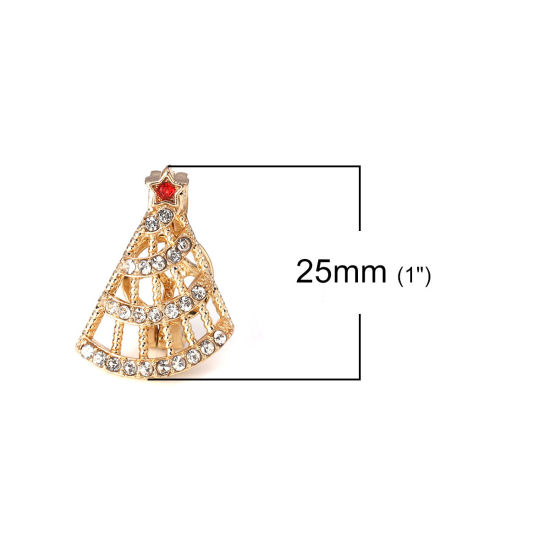 Picture of Zinc Based Alloy Wish Pearl Locket Jewelry Pendants Christmas Tree Pentagram Star Gold Plated Red Clear Rhinestone Can Open (Fit Bead Size: 8mm) 25mm(1") x 19mm( 6/8"), 3 PCs