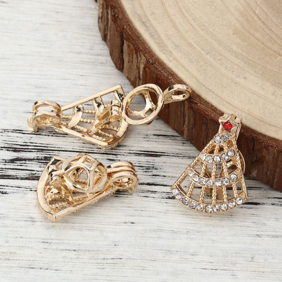 Picture of Zinc Based Alloy Wish Pearl Locket Jewelry Pendants Christmas Tree Pentagram Star Gold Plated Red Clear Rhinestone Can Open (Fit Bead Size: 8mm) 25mm(1") x 19mm( 6/8"), 3 PCs