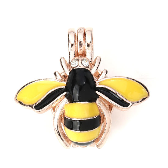 Picture of Zinc Based Alloy Wish Pearl Locket Jewelry Pendants Bee Animal Rose Gold Black & Yellow Clear Rhinestone Enamel Can Open (Fit Bead Size: 8mm) 25mm(1") x 23mm( 7/8"), 3 PCs