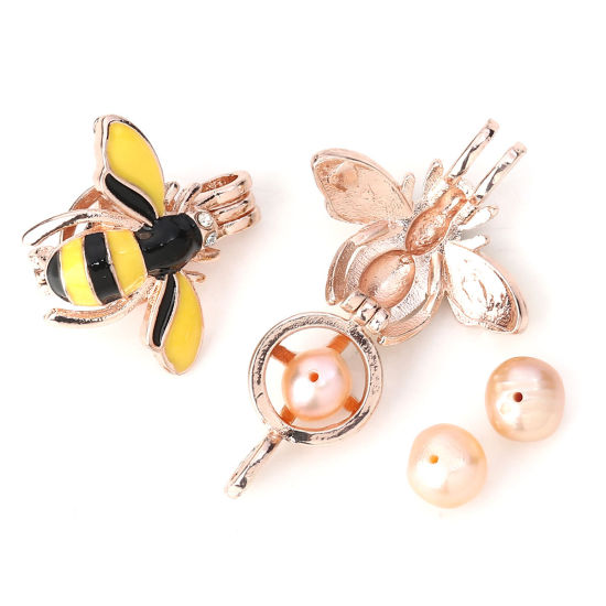 Picture of Zinc Based Alloy Wish Pearl Locket Jewelry Pendants Bee Animal Rose Gold Black & Yellow Clear Rhinestone Enamel Can Open (Fit Bead Size: 8mm) 25mm(1") x 23mm( 7/8"), 3 PCs