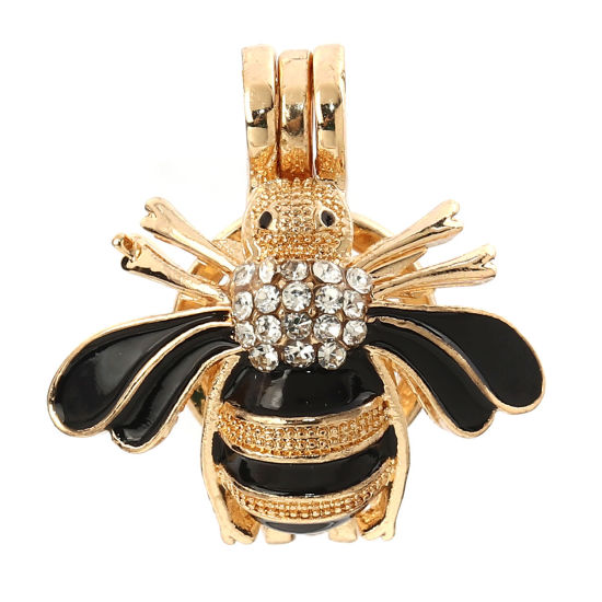 Picture of Zinc Based Alloy Wish Pearl Locket Jewelry Pendants Bee Animal Gold Plated Black Clear Rhinestone Enamel Can Open (Fit Bead Size: 8mm) 23mm( 7/8") x 22mm( 7/8"), 2 PCs