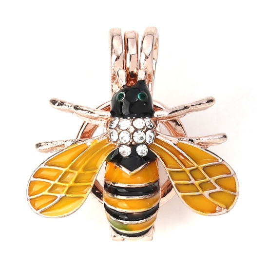 Picture of Zinc Based Alloy Wish Pearl Locket Jewelry Pendants Bee Animal Rose Gold Yellow Clear Rhinestone Enamel Can Open (Fit Bead Size: 8mm) 23mm( 7/8") x 22mm( 7/8"), 2 PCs