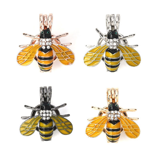 Picture of Zinc Based Alloy Wish Pearl Locket Jewelry Pendants Bee Animal Rose Gold Yellow Clear Rhinestone Enamel Can Open (Fit Bead Size: 8mm) 23mm( 7/8") x 22mm( 7/8"), 2 PCs