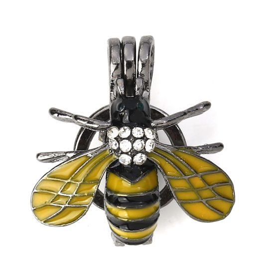 Picture of Zinc Based Alloy Wish Pearl Locket Jewelry Pendants Bee Animal Gunmetal Yellow Clear Rhinestone Enamel Can Open (Fit Bead Size: 8mm) 23mm( 7/8") x 22mm( 7/8"), 2 PCs