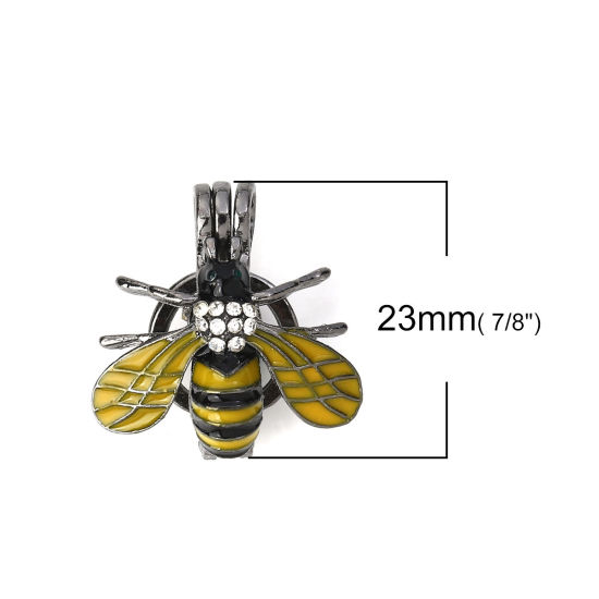 Picture of Zinc Based Alloy Wish Pearl Locket Jewelry Pendants Bee Animal Gunmetal Yellow Clear Rhinestone Enamel Can Open (Fit Bead Size: 8mm) 23mm( 7/8") x 22mm( 7/8"), 2 PCs