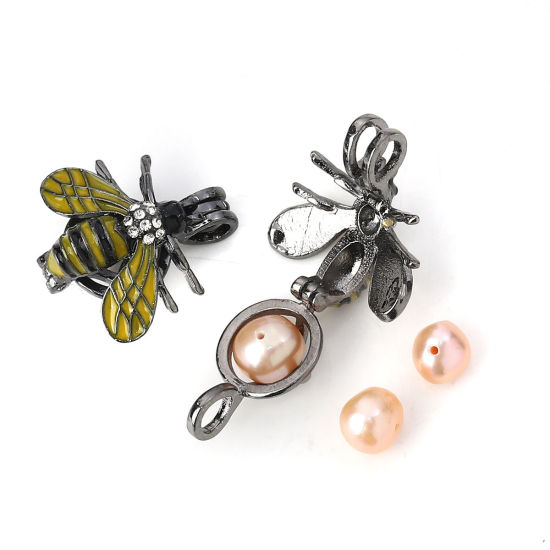 Picture of Zinc Based Alloy Wish Pearl Locket Jewelry Pendants Bee Animal Gunmetal Yellow Clear Rhinestone Enamel Can Open (Fit Bead Size: 8mm) 23mm( 7/8") x 22mm( 7/8"), 2 PCs