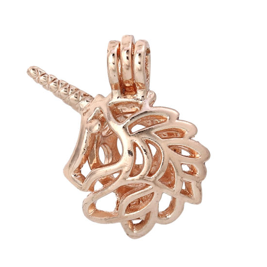Picture of Zinc Based Alloy Wish Pearl Locket Jewelry Pendants Horse Animal Rose Gold Can Open (Fit Bead Size: 8mm) 26mm(1") x 23mm( 7/8"), 5 PCs