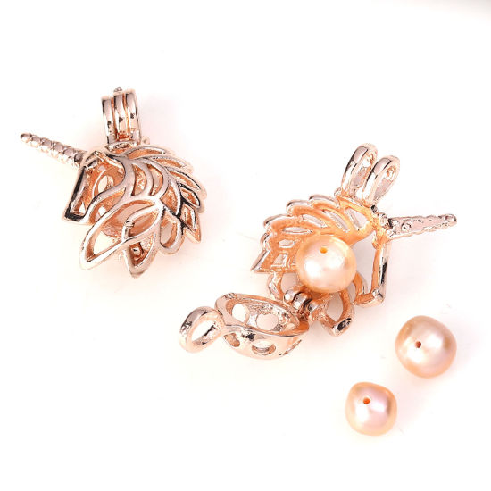 Picture of Zinc Based Alloy Wish Pearl Locket Jewelry Pendants Horse Animal Rose Gold Can Open (Fit Bead Size: 8mm) 26mm(1") x 23mm( 7/8"), 5 PCs