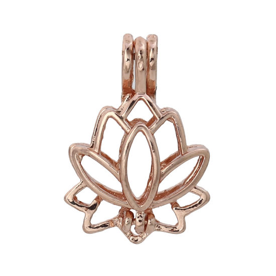 Picture of Zinc Based Alloy Wish Pearl Locket Jewelry Pendants Lotus Flower Rose Gold Can Open (Fit Bead Size: 8mm) 25mm(1") x 18mm( 6/8"), 5 PCs