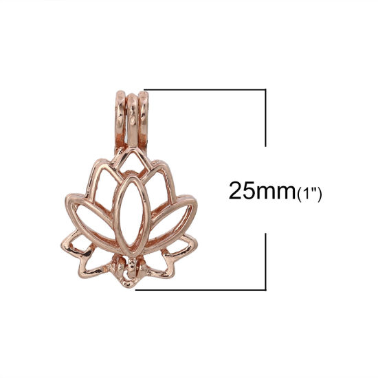 Picture of Zinc Based Alloy Wish Pearl Locket Jewelry Pendants Lotus Flower Rose Gold Can Open (Fit Bead Size: 8mm) 25mm(1") x 18mm( 6/8"), 5 PCs