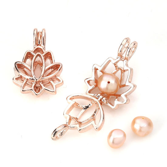 Picture of Zinc Based Alloy Wish Pearl Locket Jewelry Pendants Lotus Flower Rose Gold Can Open (Fit Bead Size: 8mm) 25mm(1") x 18mm( 6/8"), 5 PCs