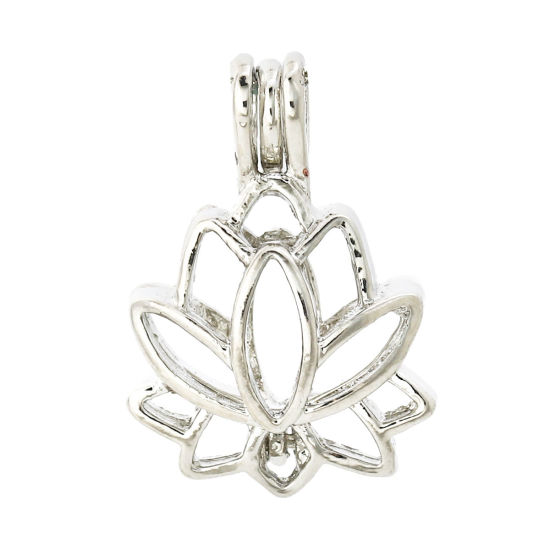 Picture of Zinc Based Alloy Wish Pearl Locket Jewelry Pendants Lotus Flower Silver Plated Can Open (Fit Bead Size: 8mm) 25mm(1") x 18mm( 6/8"), 5 PCs