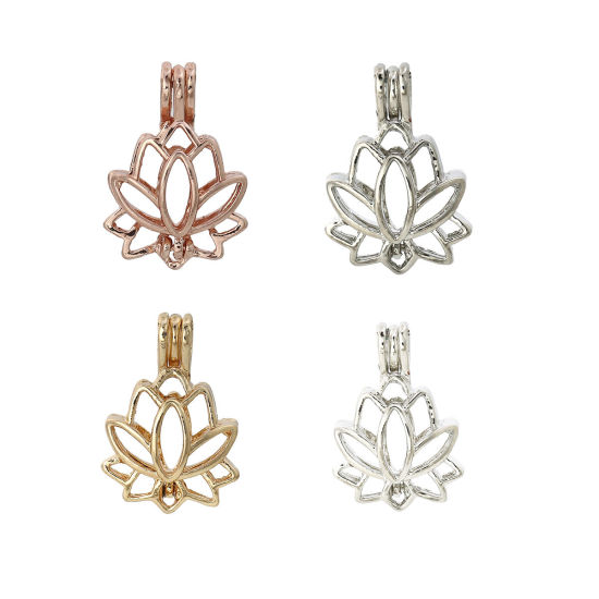 Picture of Zinc Based Alloy Wish Pearl Locket Jewelry Pendants Lotus Flower Silver Plated Can Open (Fit Bead Size: 8mm) 25mm(1") x 18mm( 6/8"), 5 PCs