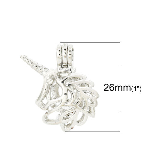 Picture of Zinc Based Alloy Wish Pearl Locket Jewelry Pendants Horse Animal Silver Plated Can Open (Fit Bead Size: 8mm) 26mm(1") x 23mm( 7/8"), 5 PCs