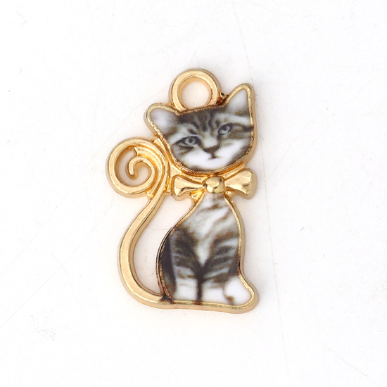 Immagine di Lega di Zinco Charms Gatto Oro Placcato Nero & Bianco Smalto 21mm x 13mm , 10 Pz