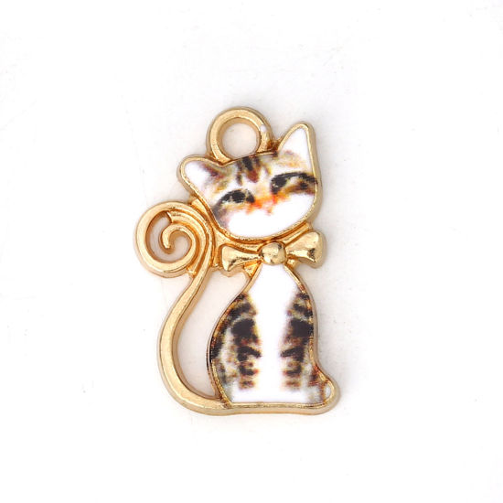 Immagine di Lega di Zinco Charms Gatto Oro Placcato Bianco Smalto 21mm x 13mm , 10 Pz