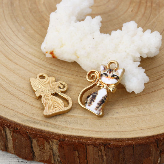 Immagine di Lega di Zinco Charms Gatto Oro Placcato Bianco Smalto 21mm x 13mm , 10 Pz