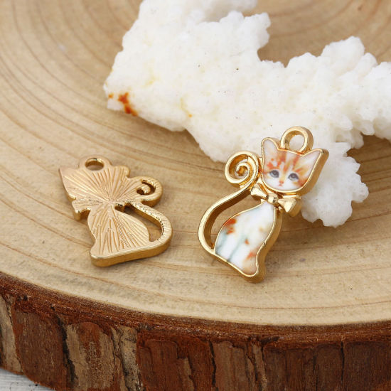 Immagine di Lega di Zinco Charms Gatto Oro Placcato Bianco Smalto 21mm x 13mm , 10 Pz