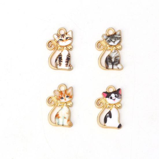 Immagine di Lega di Zinco Charms Gatto Oro Placcato Bianco Smalto 21mm x 13mm , 10 Pz