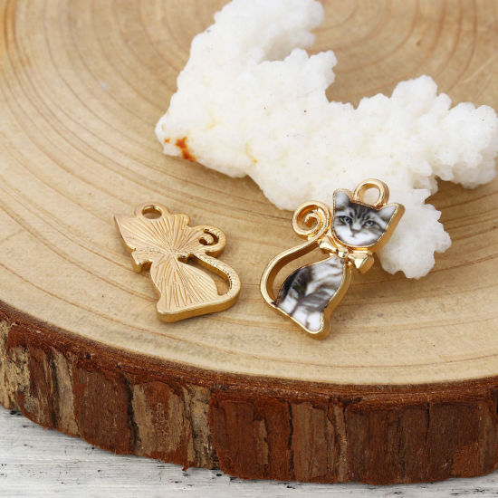 Immagine di Lega di Zinco Charms Gatto Oro Placcato Bianco Smalto 21mm x 13mm , 10 Pz