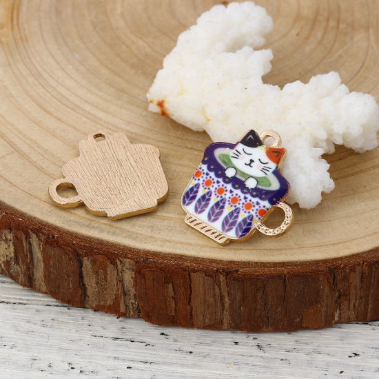 Picture of Zinc Based Alloy Charms Cup Gold Plated Multicolor Cat Enamel 23mm( 7/8") x 23mm( 7/8"), 10 PCs