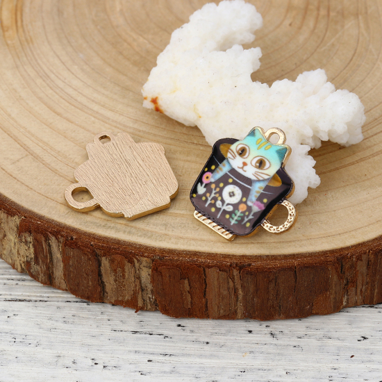Picture of Zinc Based Alloy Charms Cup Gold Plated Black Cat Enamel 23mm( 7/8") x 23mm( 7/8"), 10 PCs