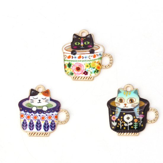 Picture of Zinc Based Alloy Charms Cup Gold Plated Black Cat Enamel 23mm( 7/8") x 23mm( 7/8"), 10 PCs