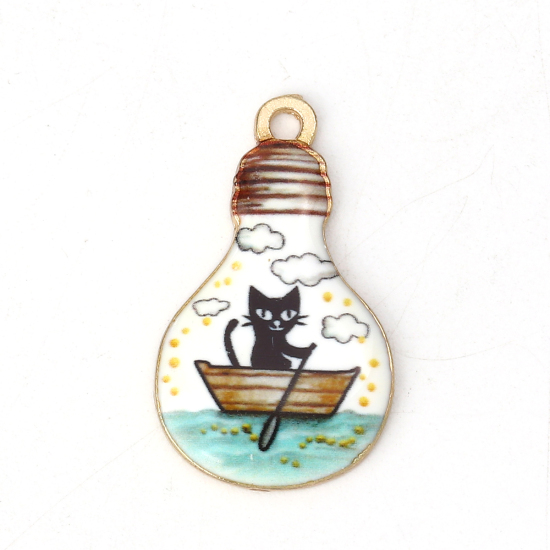 Imagen de Zamak Colgantes Charms Bombilla Chapado en Oro Multicolor Gato Esmalte 28mm x 17mm, 10 Unidades