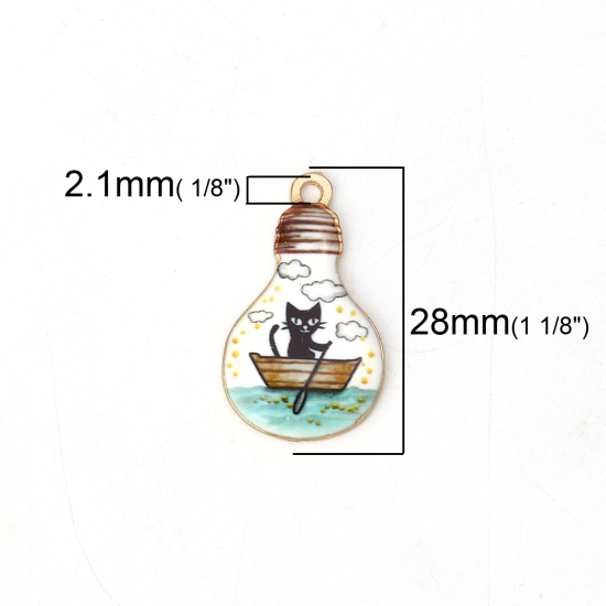Imagen de Zamak Colgantes Charms Bombilla Chapado en Oro Multicolor Gato Esmalte 28mm x 17mm, 10 Unidades