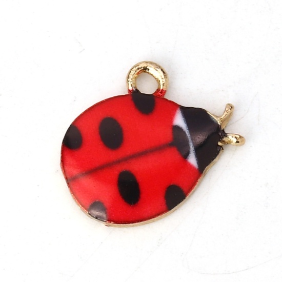 Bild von Zinklegierung Charms Marienkäfer Vergoldet Schwarz & Rot Emaille 15mm x 13mm, 10 Stück